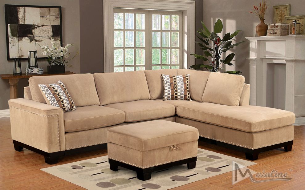 Casual mocha suede nailhead trim sectional sofa by Mainline