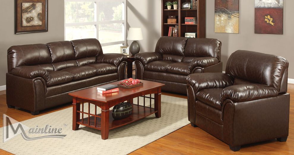 Casual style chocolate leather match couch by Mainline