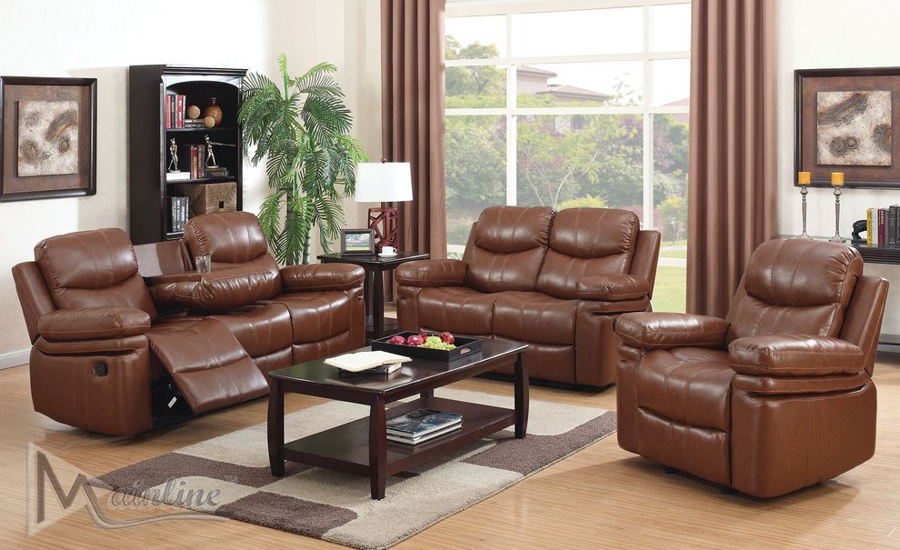 Nut brown leather motion reclining sofa by Mainline