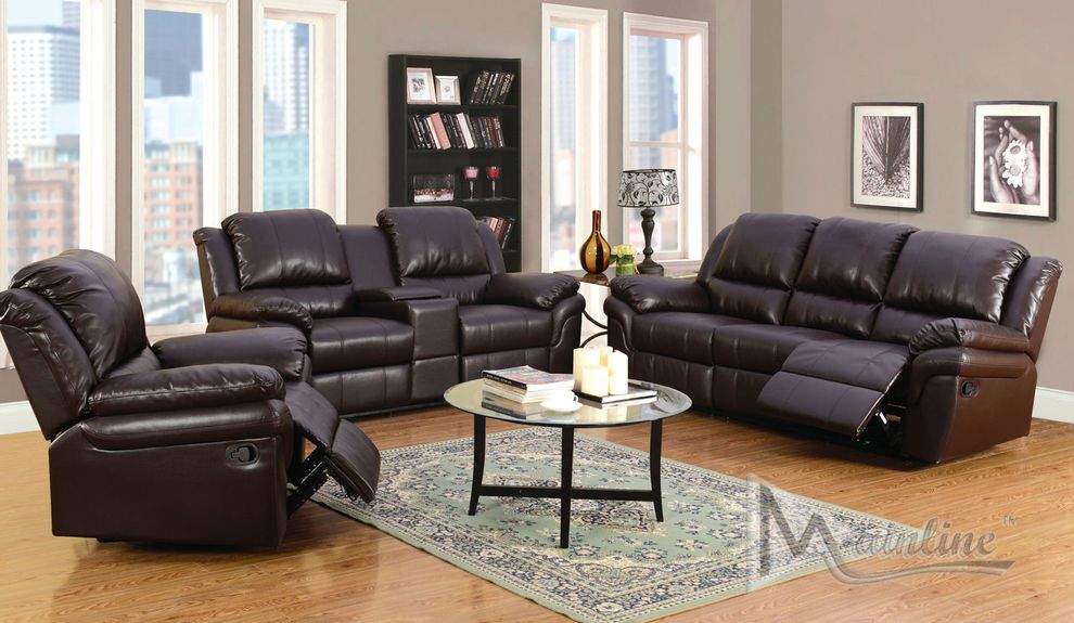 Leather match reclining sofa in dark brown by Mainline