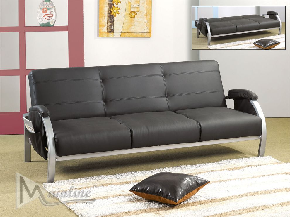 Black leatherette sofa bed w/ curved chrome legs by Mainline