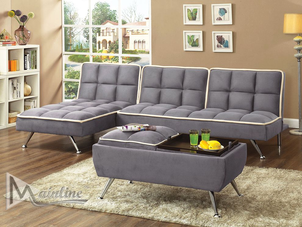 Contemporary gray microfiber sofa + chaise set by Mainline