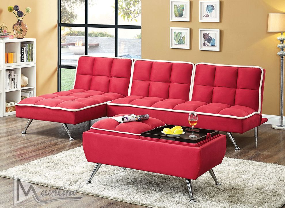 Contemporary red microfiber sofa + chaise set by Mainline