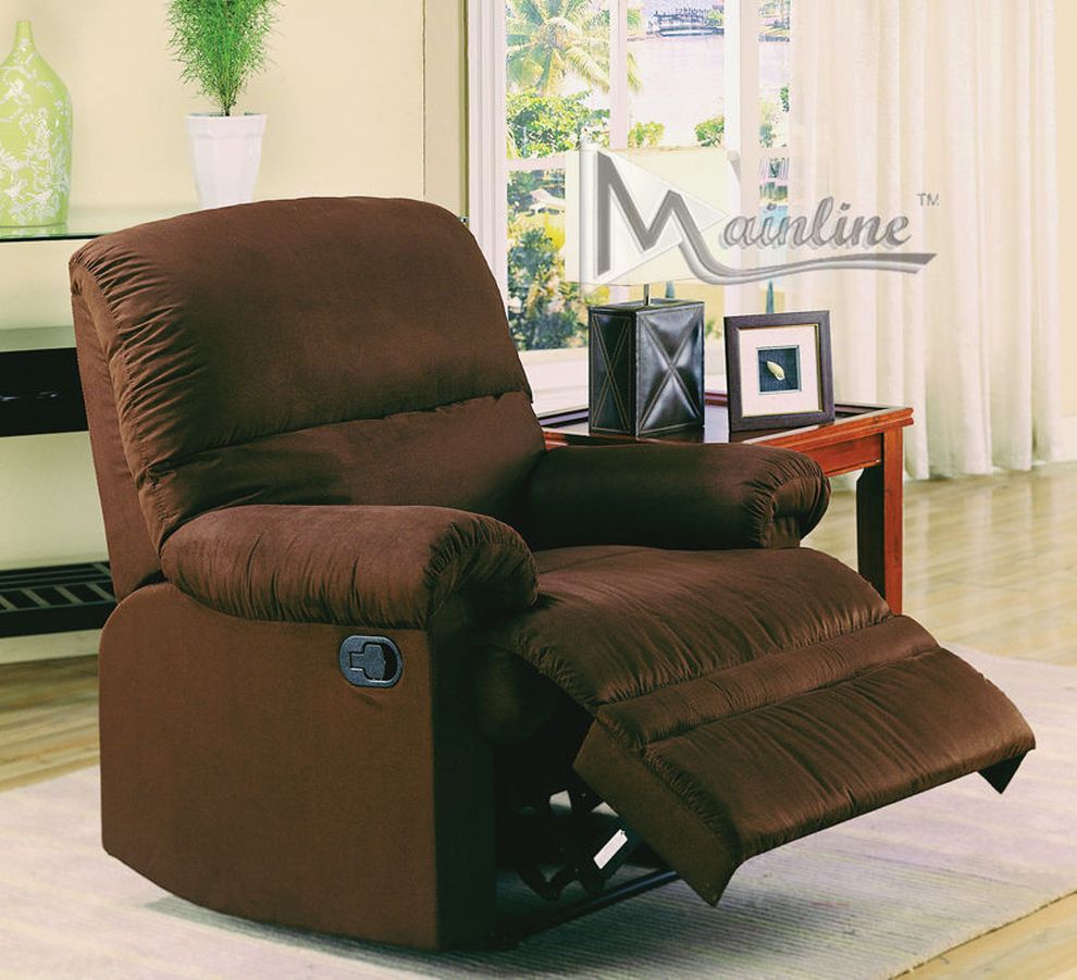 Leather recliner casual chair in chocolate microfiber by Mainline