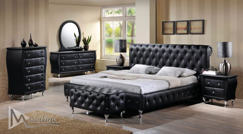 Neo-classical black leatherette tufted all round bed by Mainline