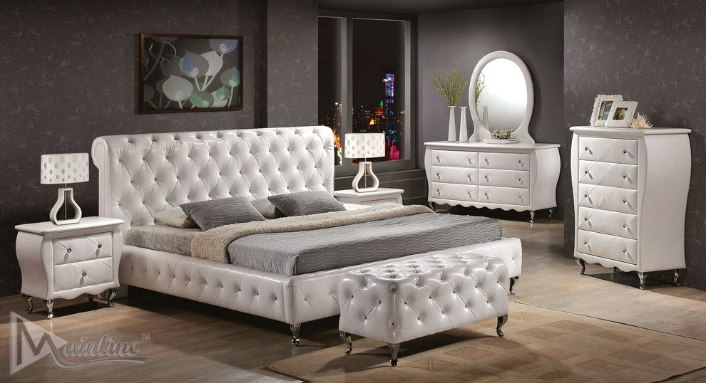 Neo-classical white leatherette tufted all round bed by Mainline