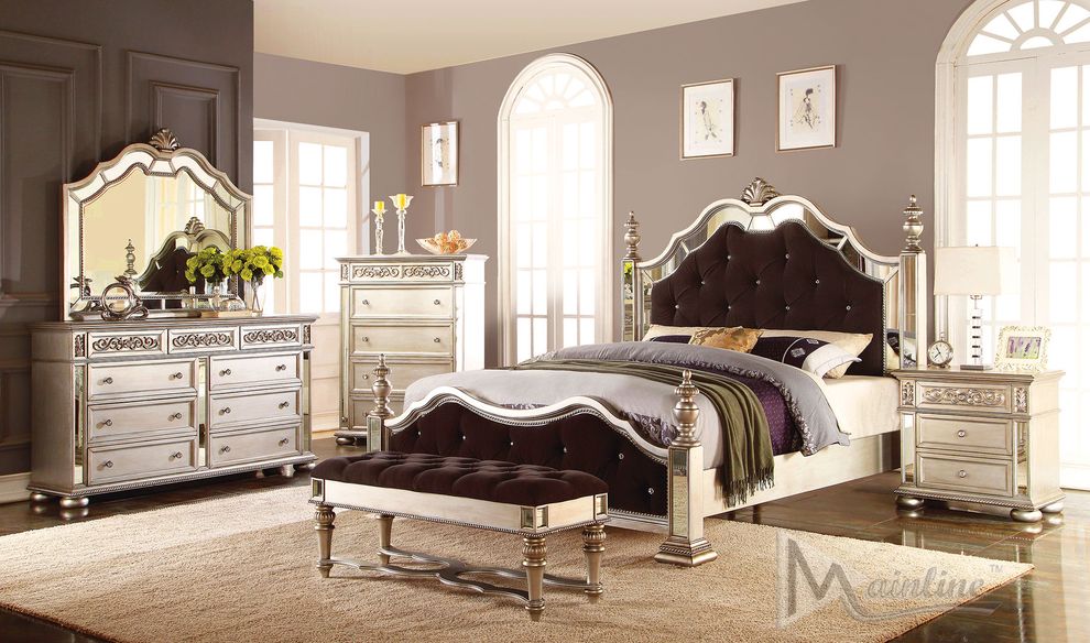 Neo-classical king bed w/ mirror rims and tuftings by Mainline