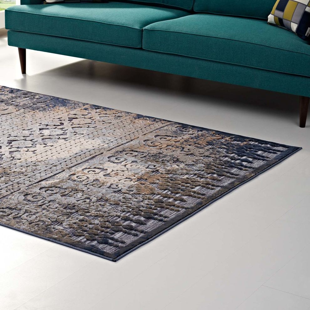 Blue/cream/rust distressed finish area rug by Modway