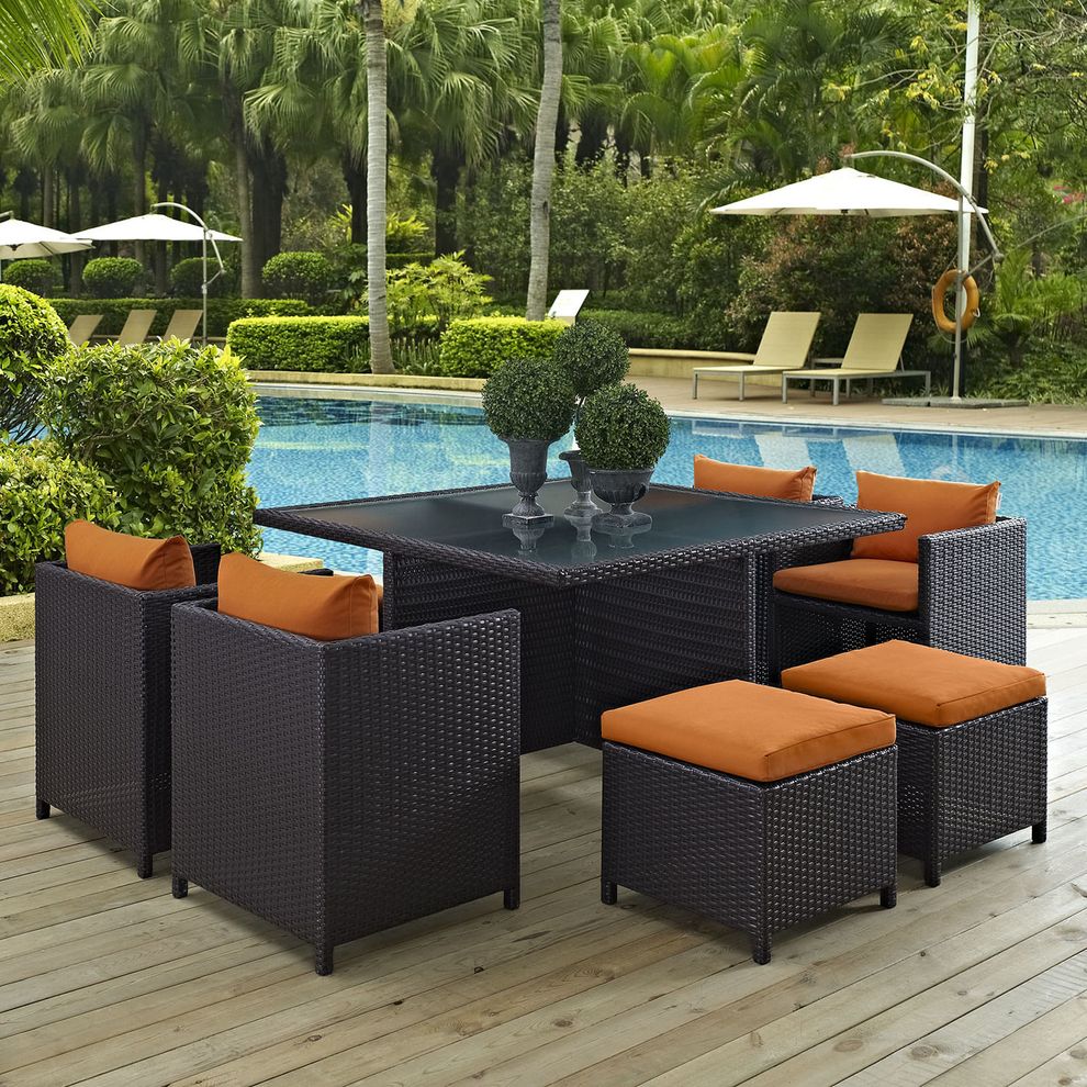 9pcs outdoor / patio dining table / chairs / ottoman set by Modway