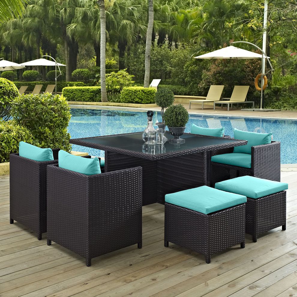 9pcs outdoor / patio dining table / chairs / ottoman set by Modway