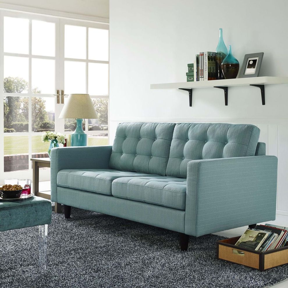 Quality laguna blue fabric upholstered loveseat by Modway