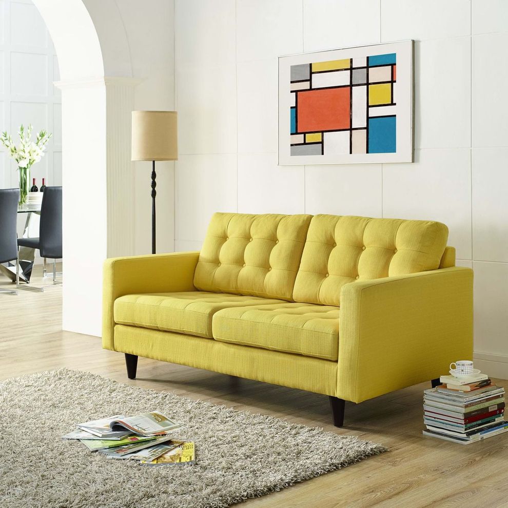 Quality sunny yellow fabric upholstered loveseat by Modway