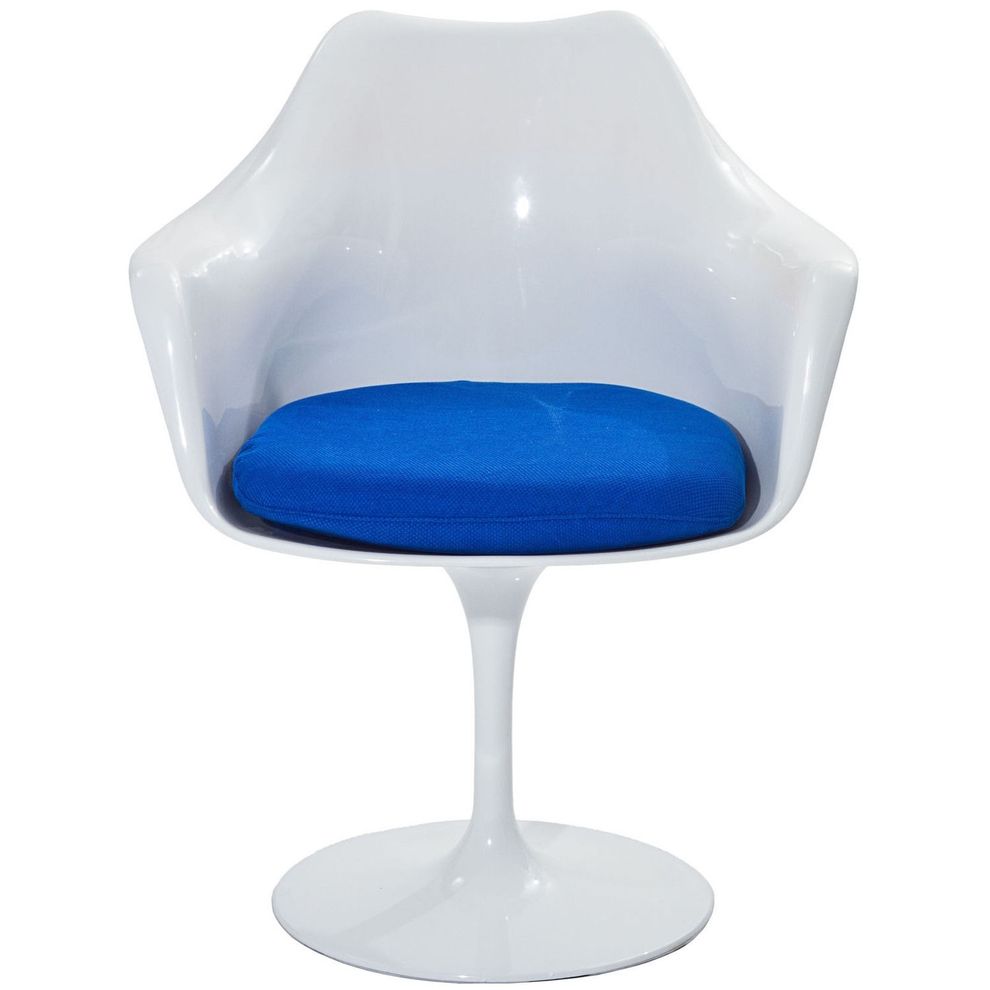 Designer white gloss chair w/ blue cushion by Modway