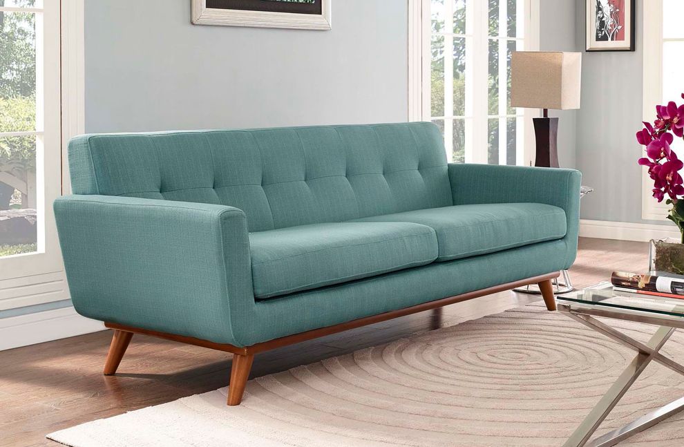 Laguna blue fabric tufted back couch by Modway