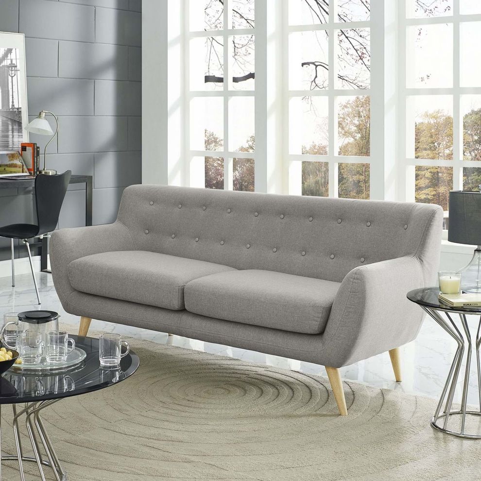 Mid-century style tufted retro couch in light gray by Modway