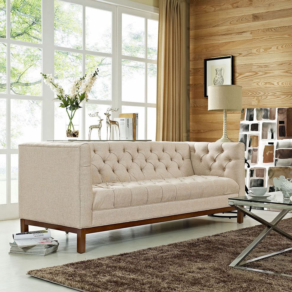 Fabric sofa with deep tufted buttons in beige by Modway