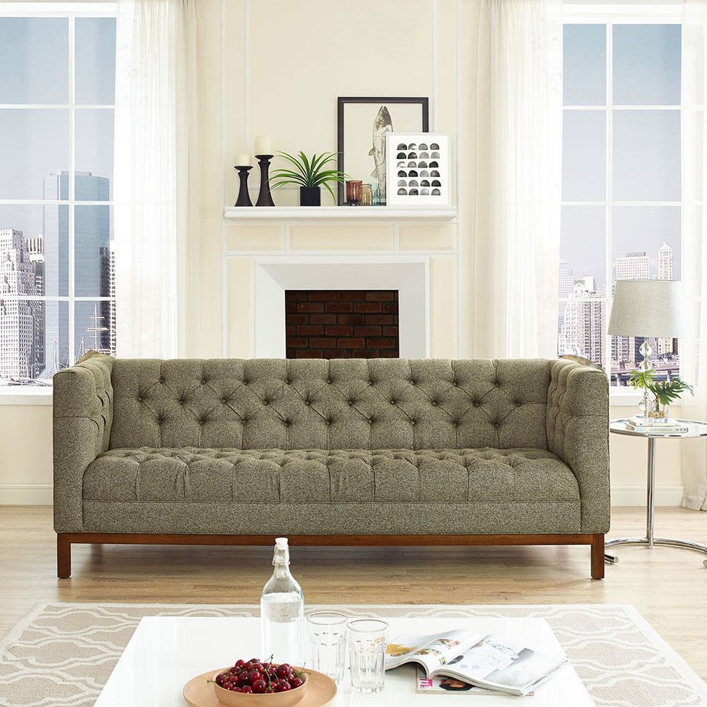 Fabric sofa with deep tufted buttons in oatmeal by Modway
