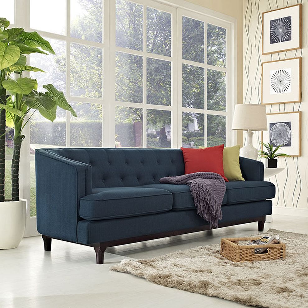 Tufted back mid-century style azure fabric sofa by Modway