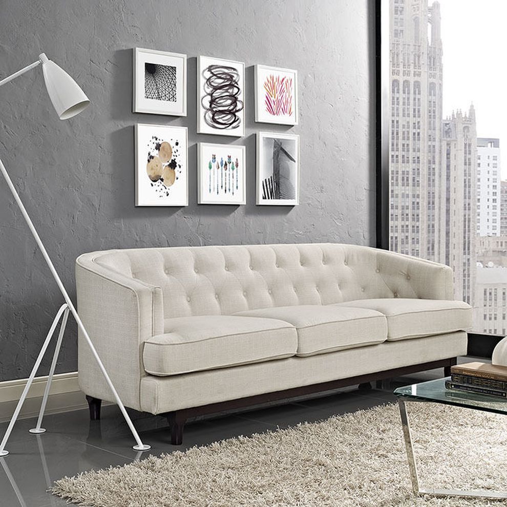 Tufted back mid-century style beige fabric sofa by Modway
