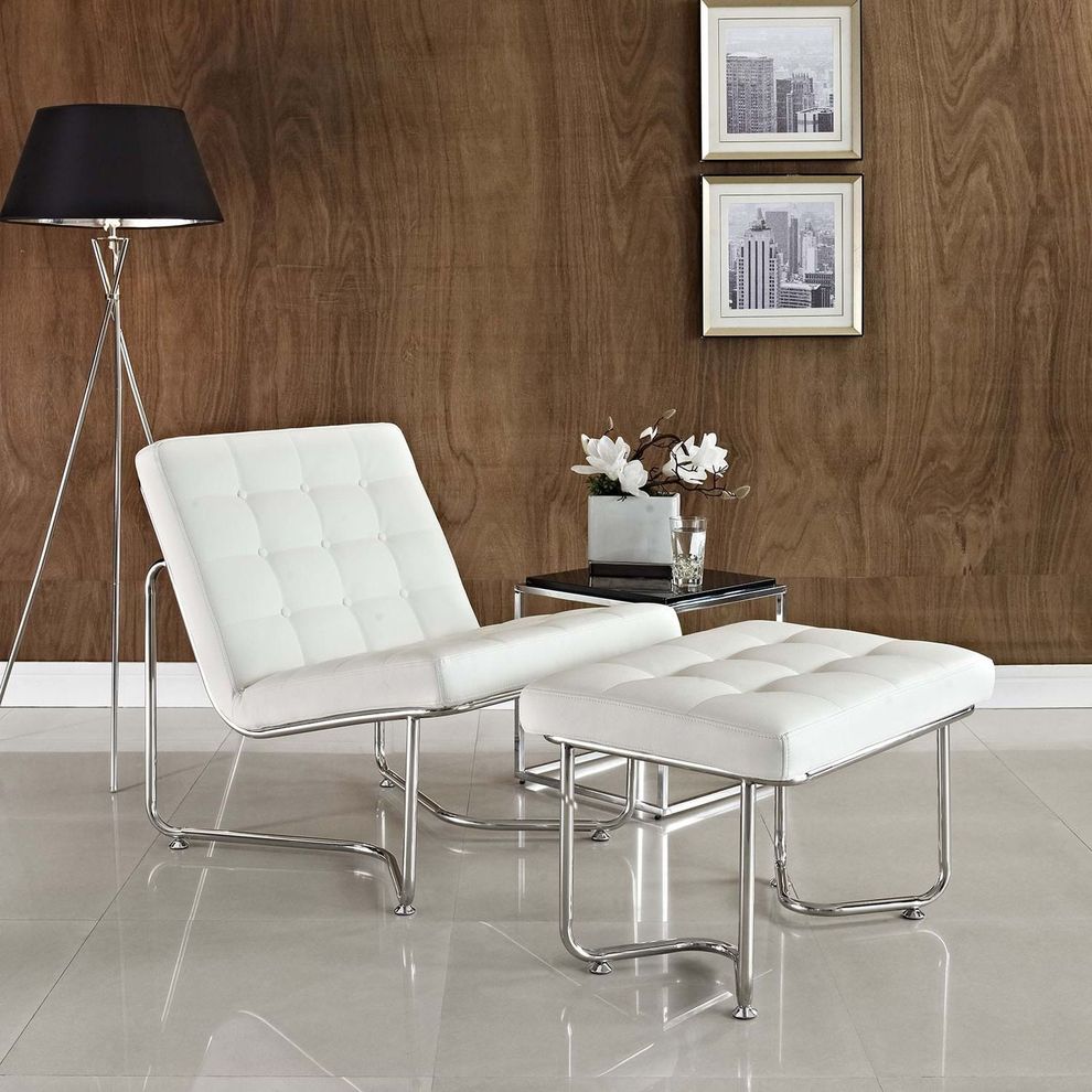 White tufted vinyl leather chair + ottoman set by Modway