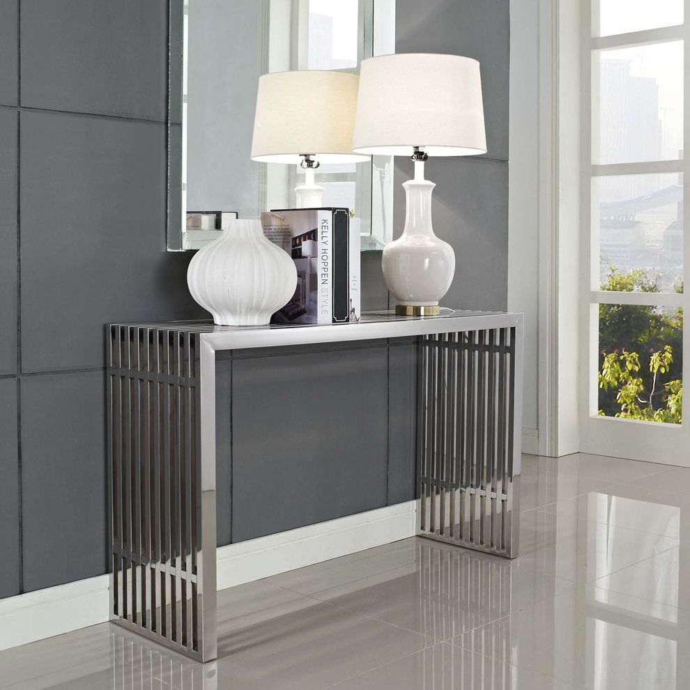 Stainless steel console/sofa size table by Modway