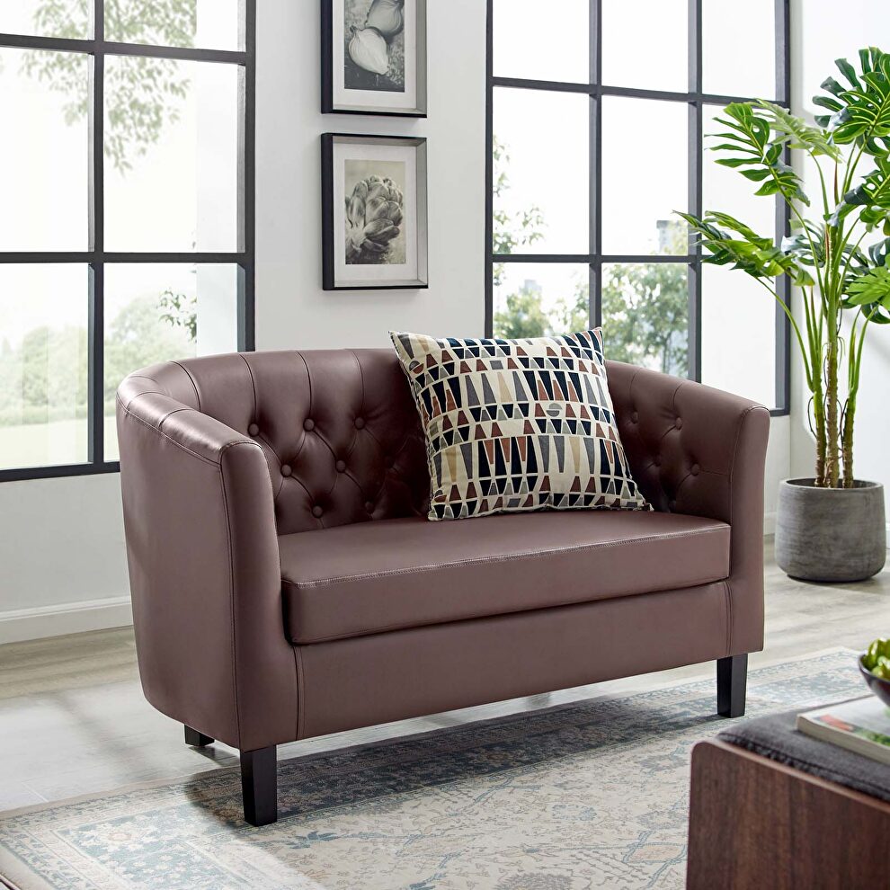 Upholstered vinyl loveseat in brown by Modway