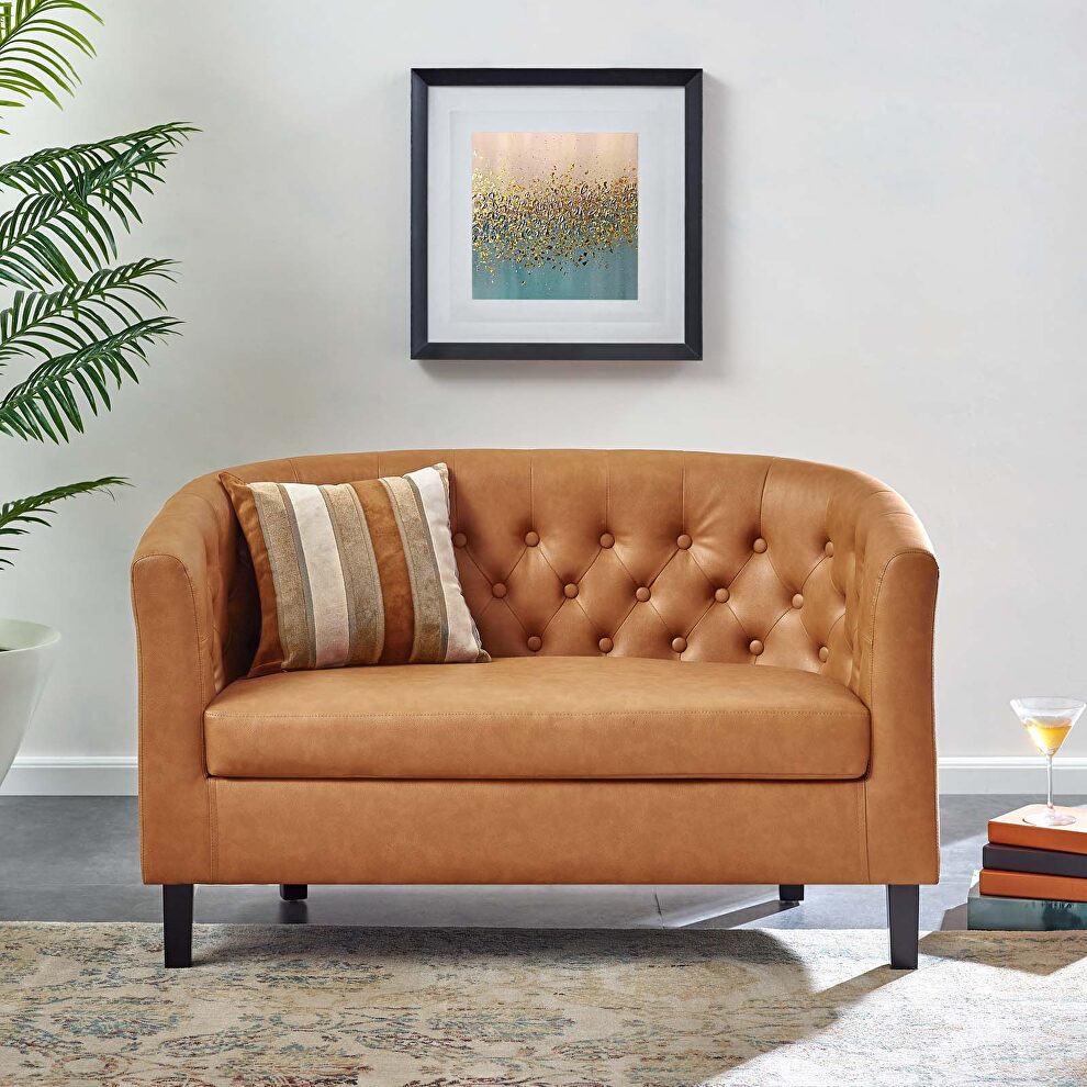 Upholstered vinyl loveseat in tan by Modway