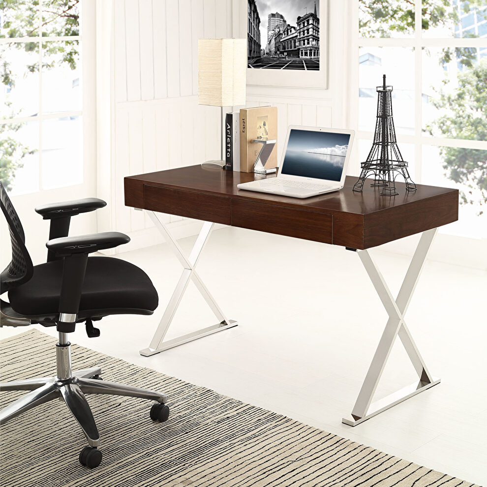 Walnut top / chrome base & legs contemporary office desk by Modway
