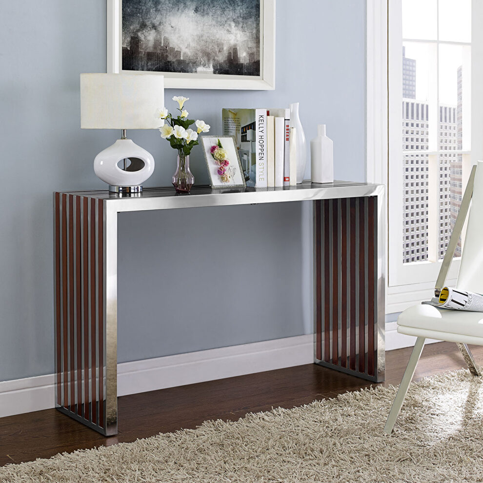 Wood inlay console table in walnut by Modway