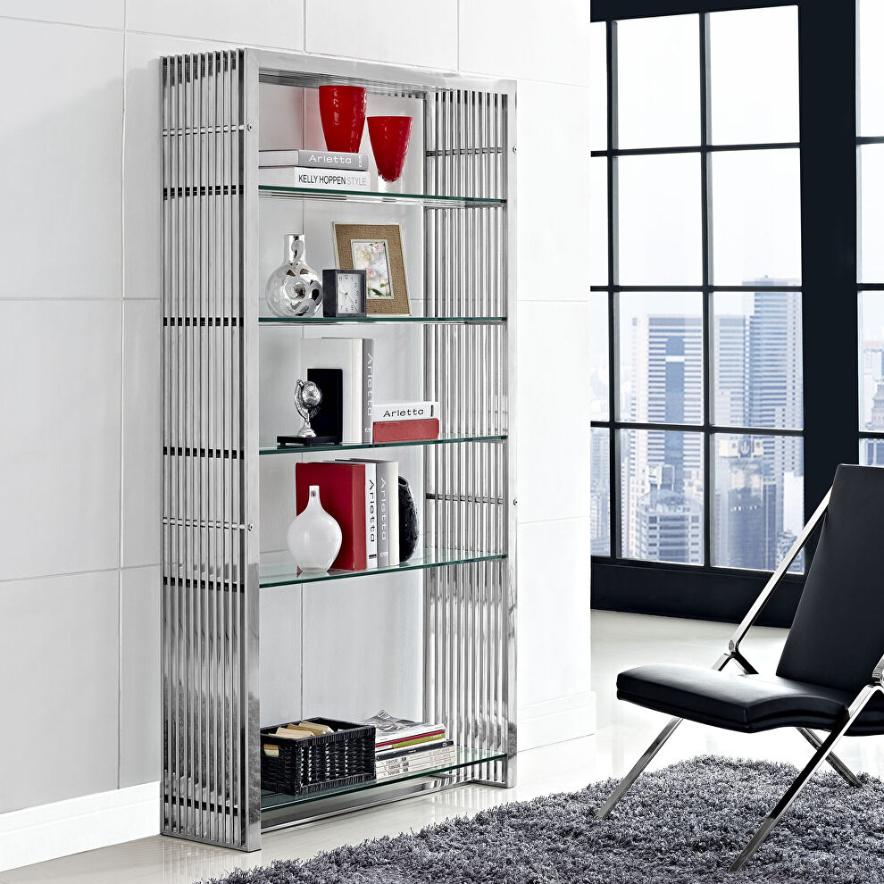 Stainless steel bookshelf in silver by Modway