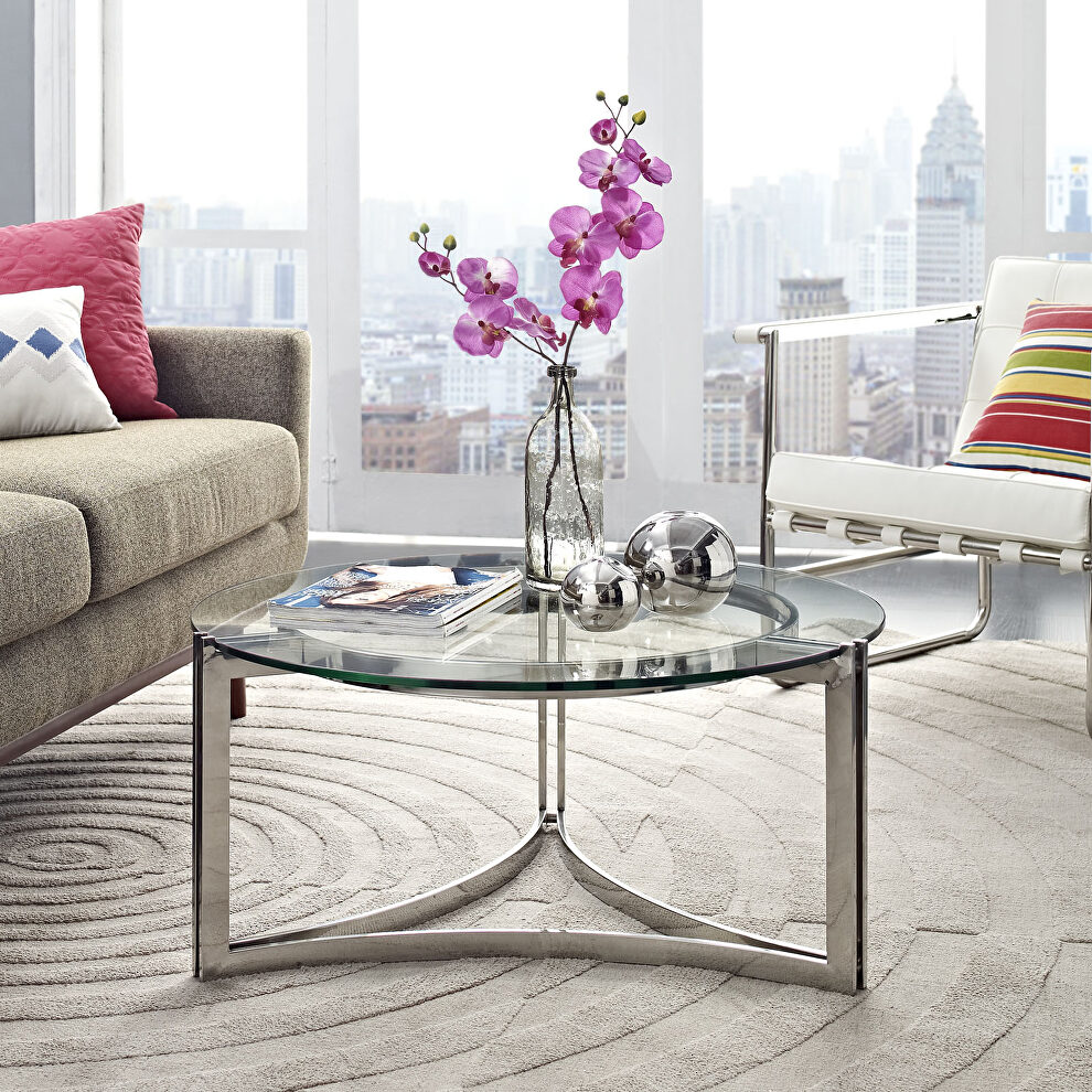 Stainless steel coffee table in silver by Modway