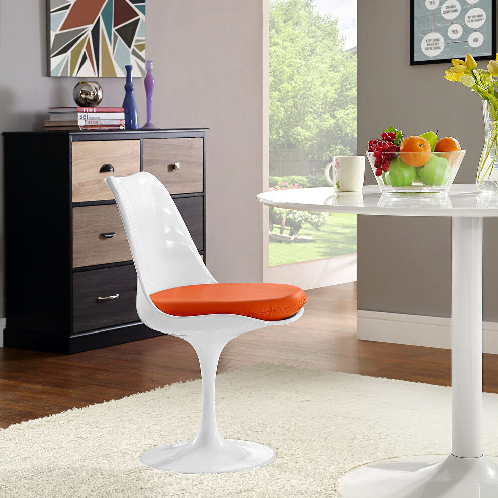 White dining side chair with orange vinyl cushion by Modway