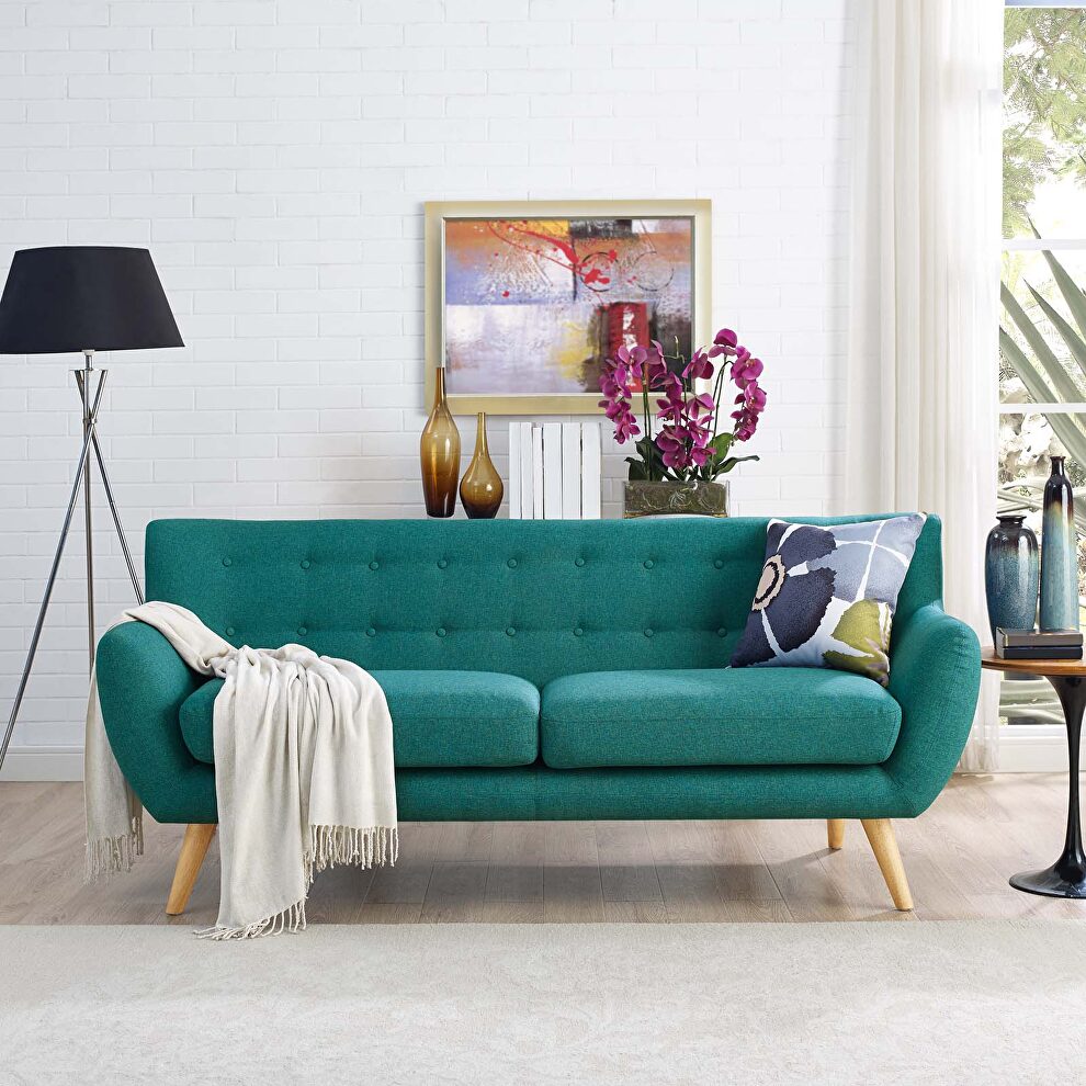 Mid-century style tufted retro couch in teal by Modway
