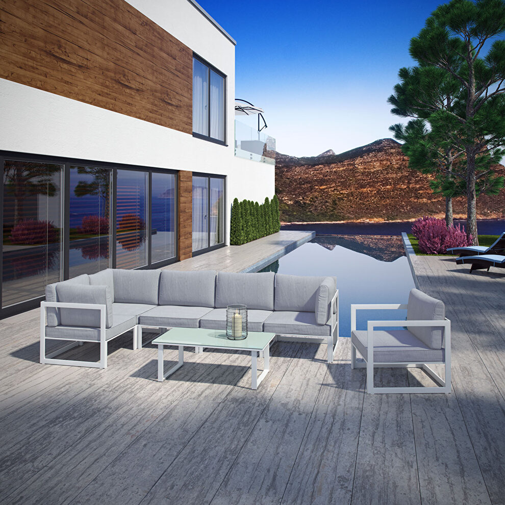 7 piece outdoor patio sectional sofa set in white gray by Modway