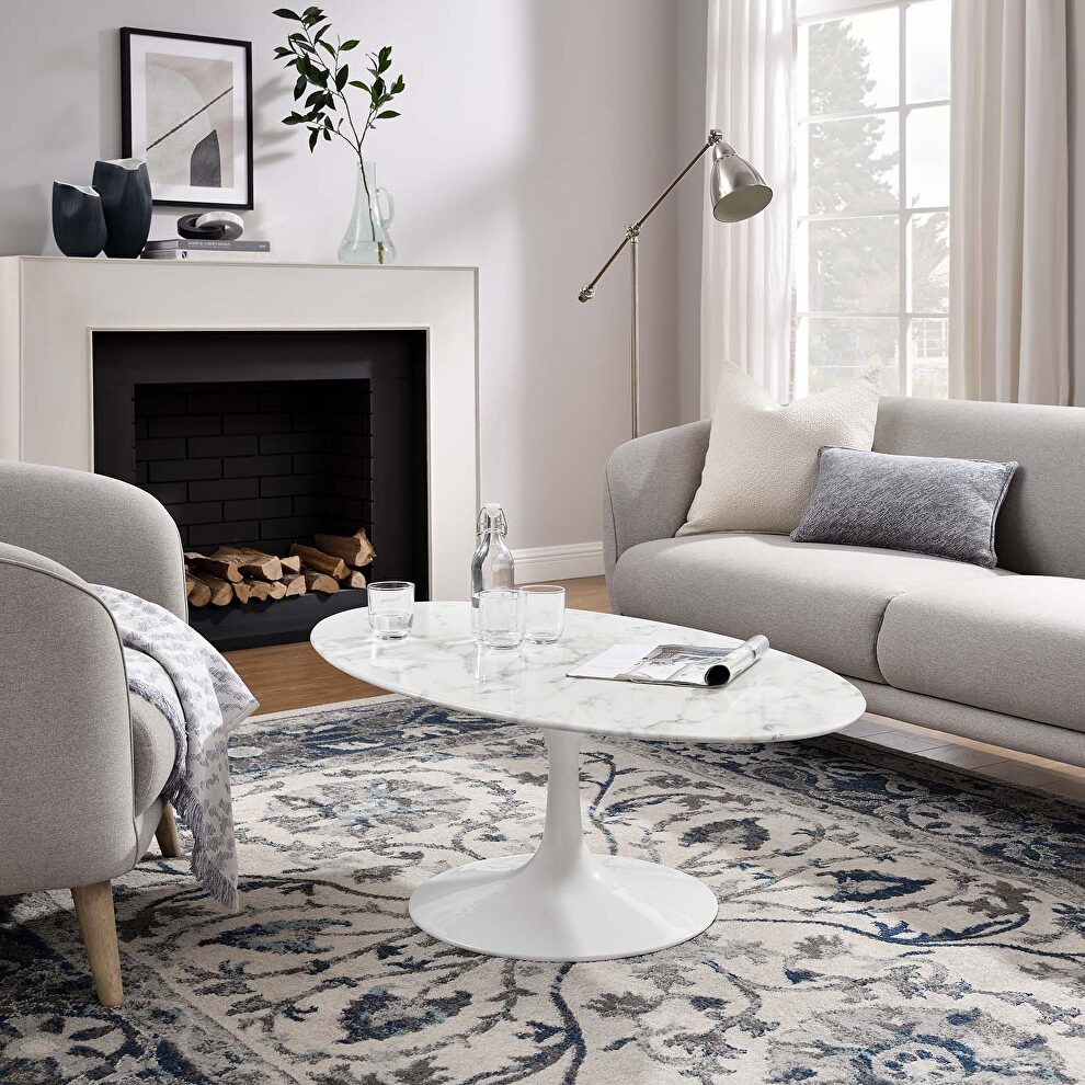 Oval-shaped artificial marble coffee table in white by Modway