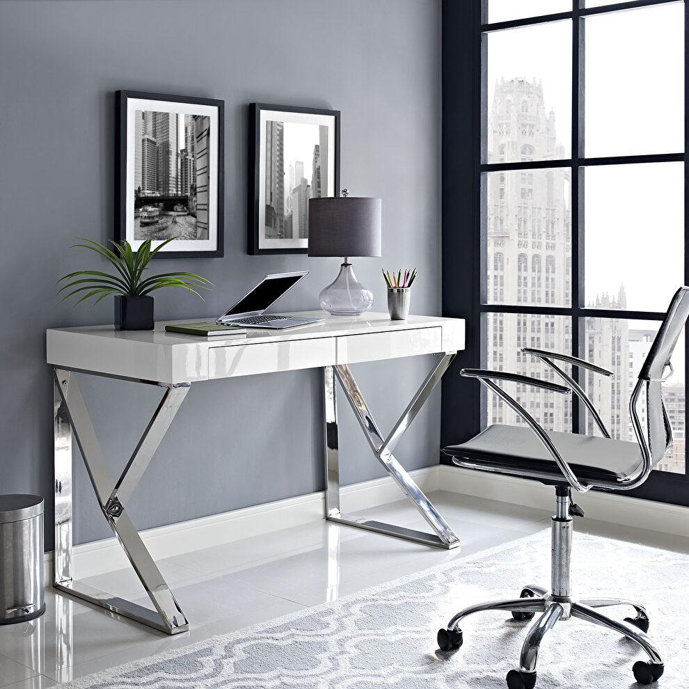 White / chrome office computer desk by Modway