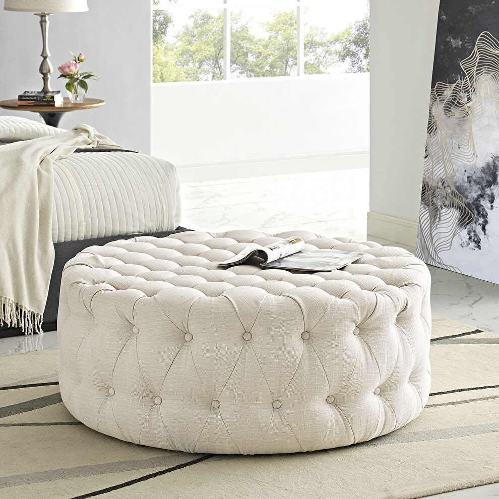 Upholstered fabric ottoman in beige by Modway