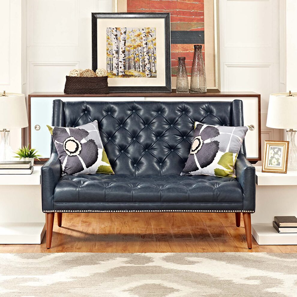 Upholstered vinyl loveseat in blue by Modway