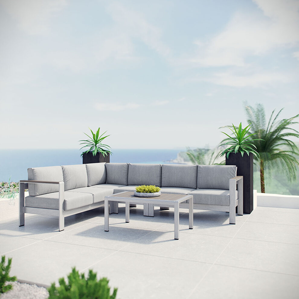 5 piece outdoor patio aluminum sectional sofa set in silver gray by Modway