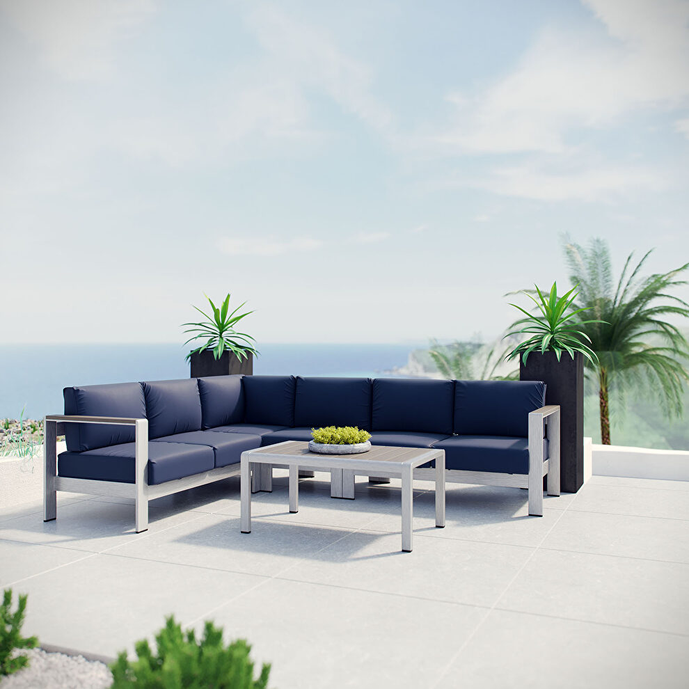 5 piece outdoor patio aluminum sectional sofa set in silver navy by Modway