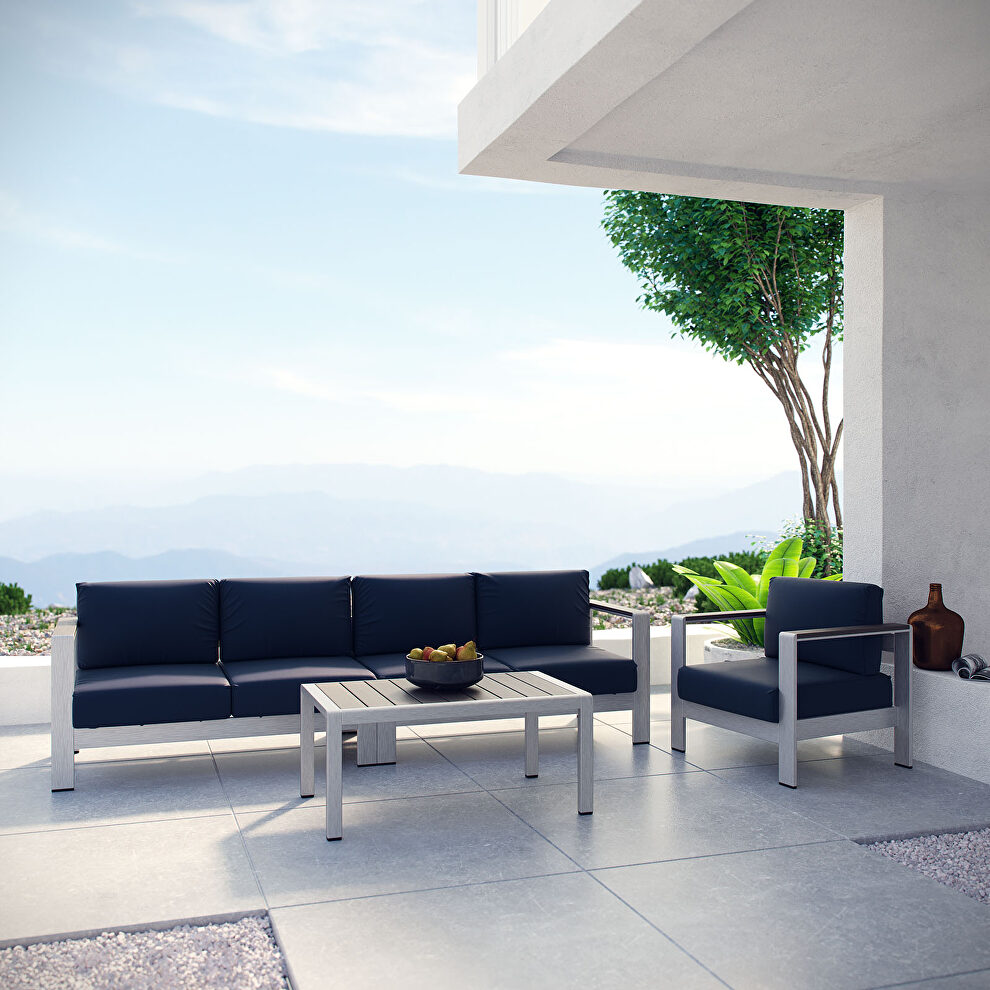 4 piece outdoor patio aluminum sectional sofa set in silver navy by Modway