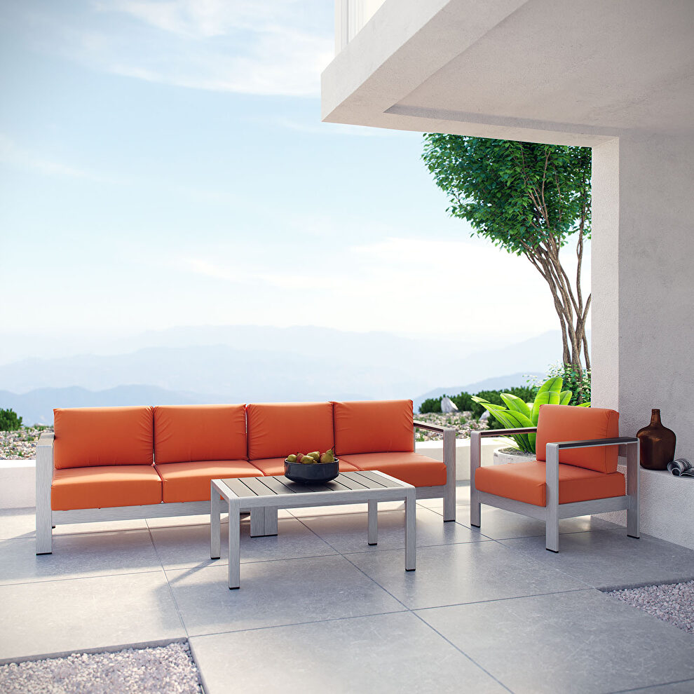 4 piece outdoor patio aluminum sectional sofa set in silver orange by Modway