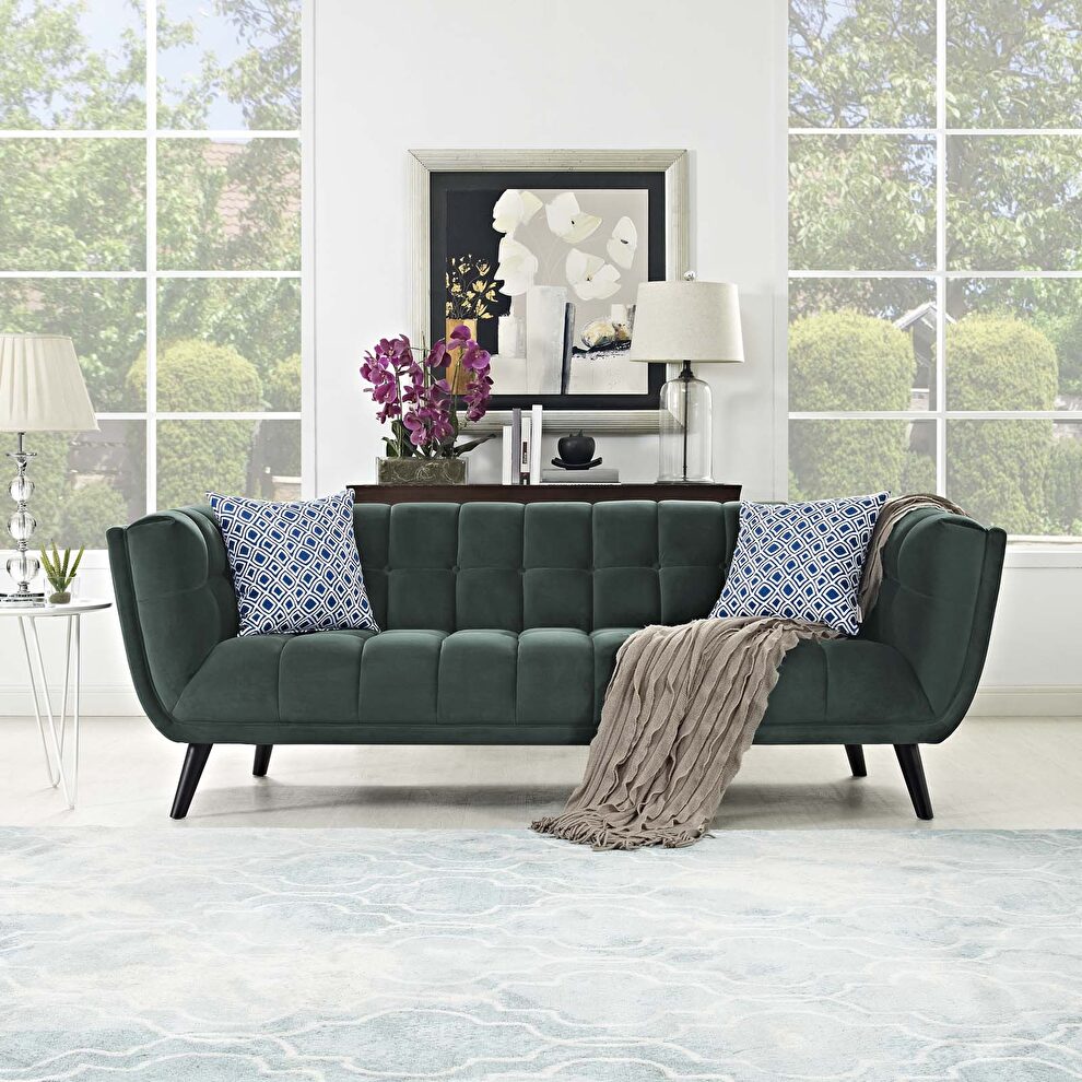 Velvet sofa in green in broad profile by Modway