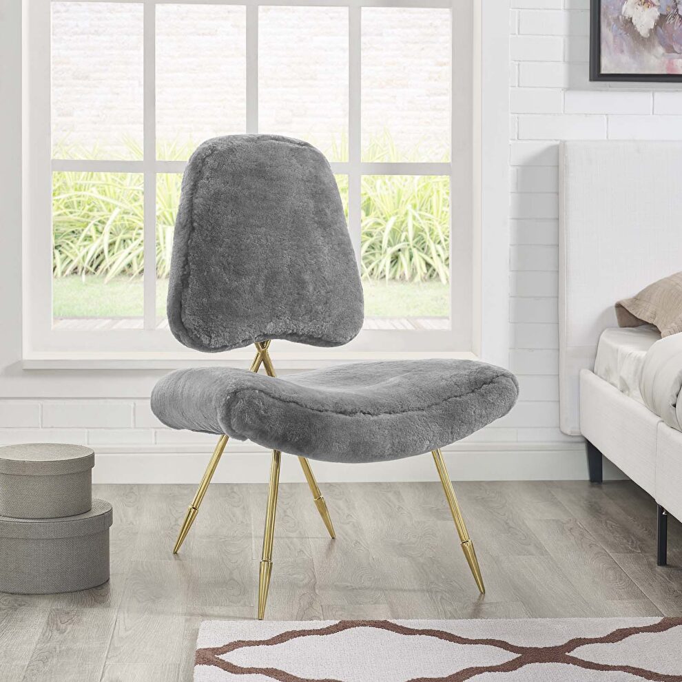 Upholstered sheepskin fur lounge chair in gray by Modway