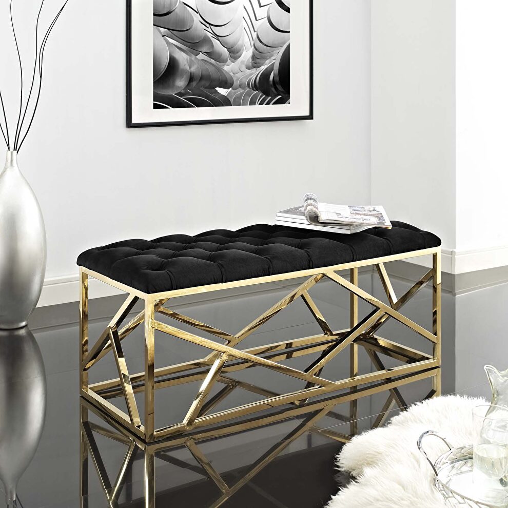 Gold black luxuriously tufted velvet polyester fabric upholstery bench by Modway