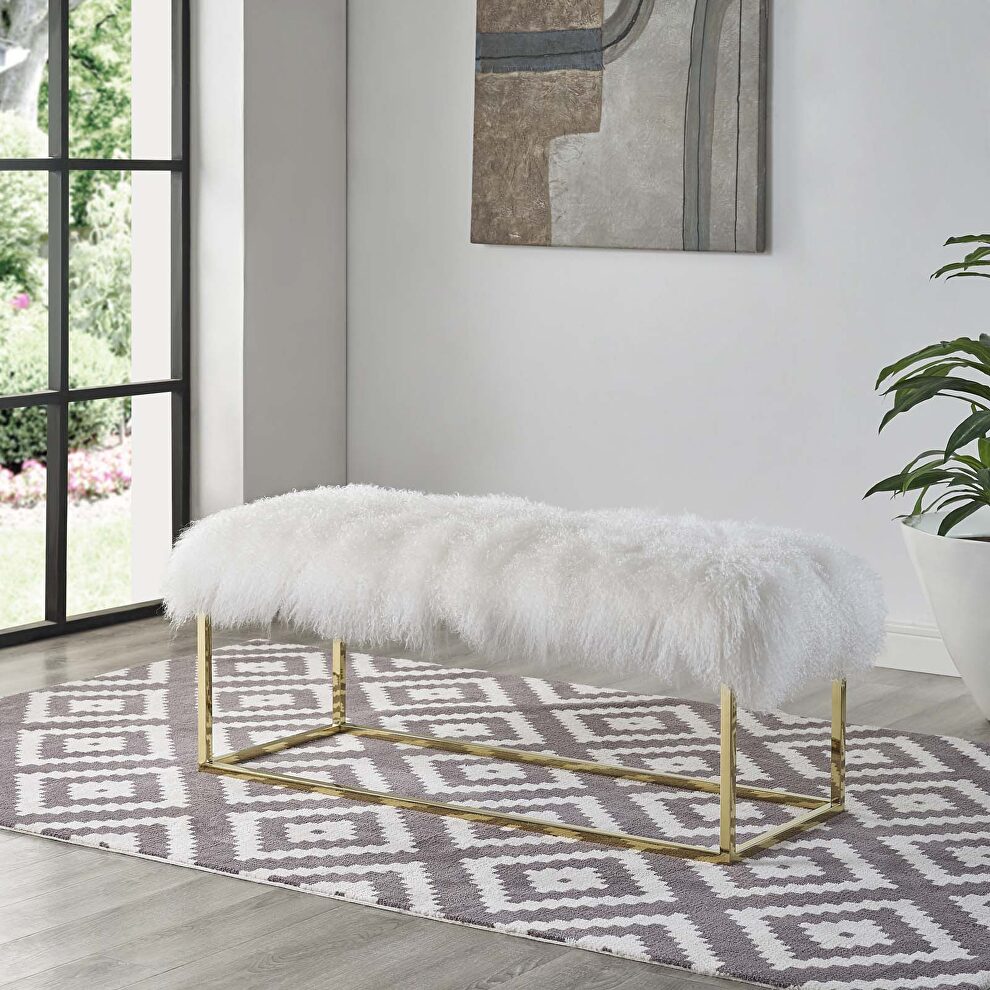 White sheepskin bench in gold by Modway