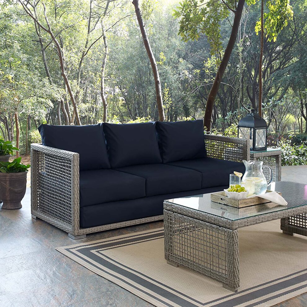 Outdoor patio wicker rattan sofa in gray navy by Modway