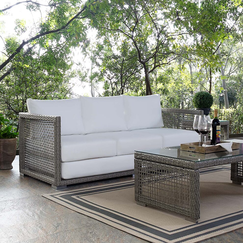 Outdoor patio wicker rattan sofa in gray white by Modway