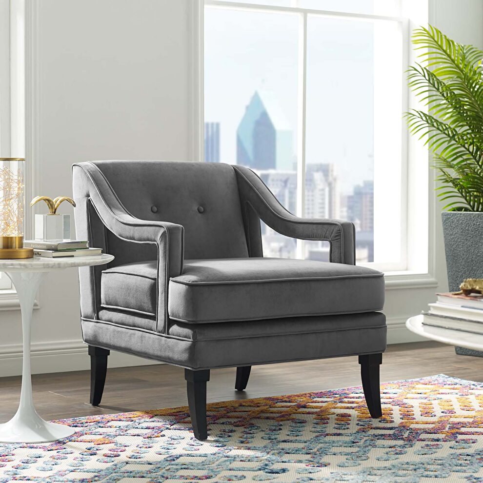 Button tufted performance velvet chair in gray by Modway