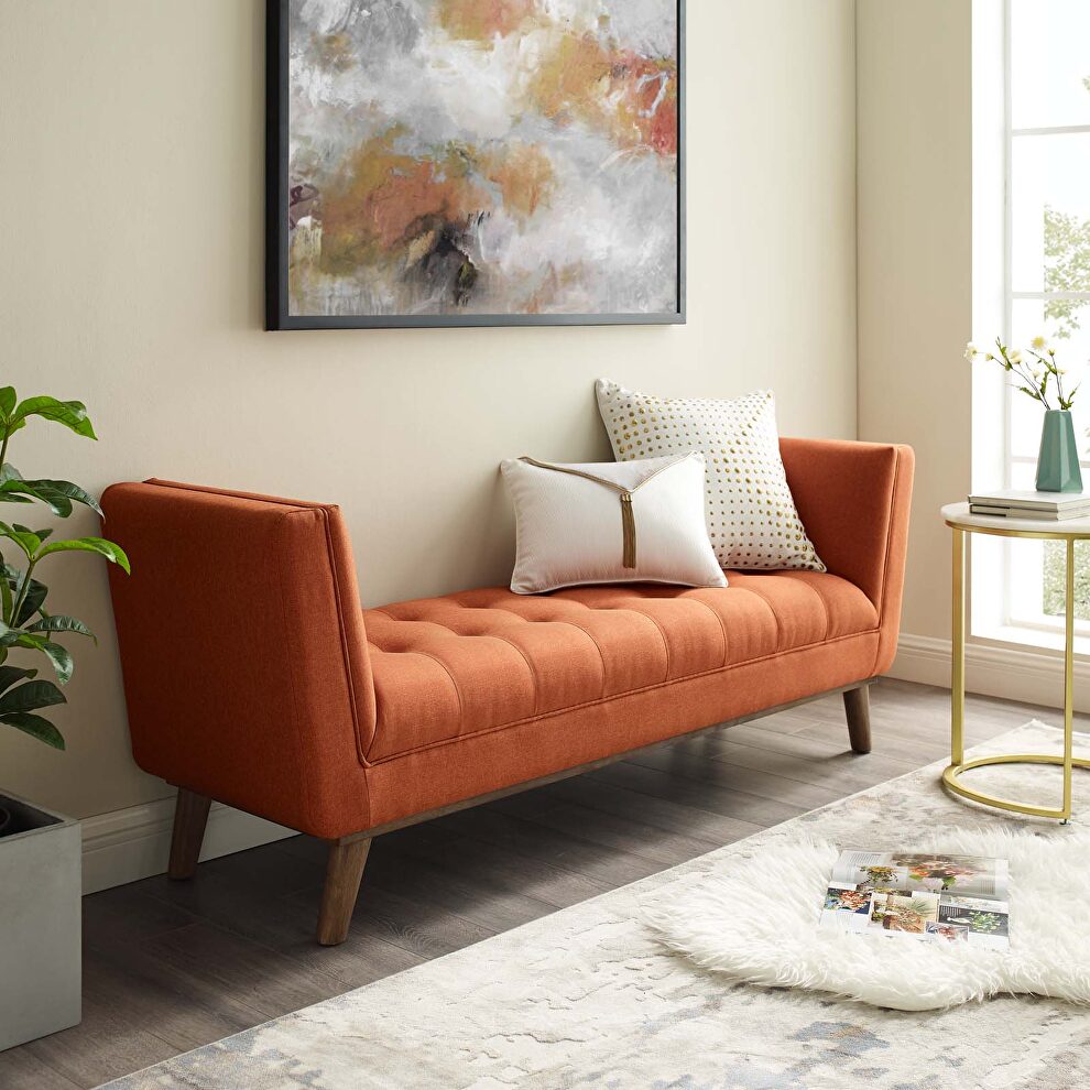Tufted button upholstered fabric accent bench in orange by Modway